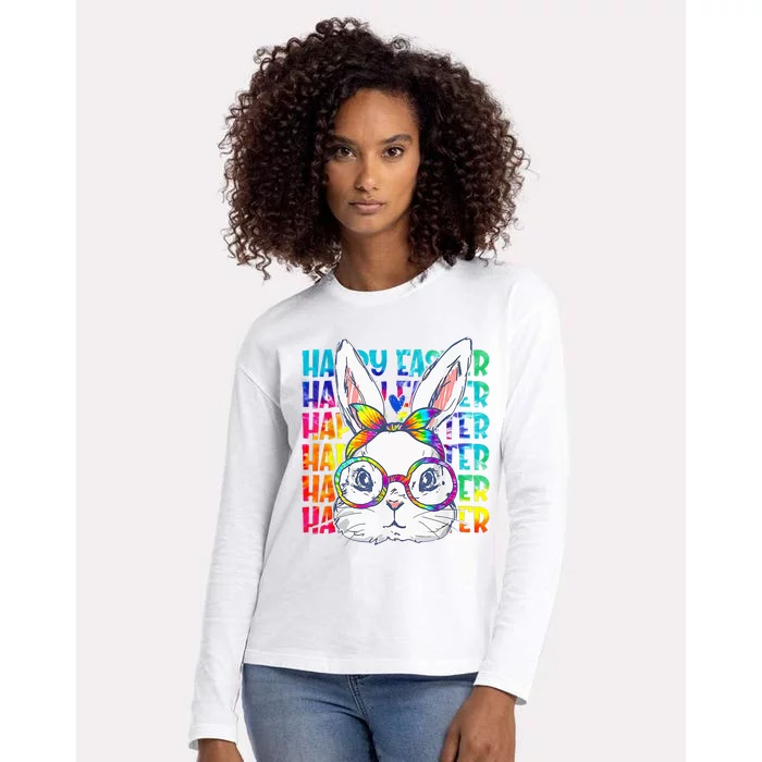 Tie Dye Cute Bunny Rabbit Face Glasses  Happy Easter Day Womens Cotton Relaxed Long Sleeve T-Shirt