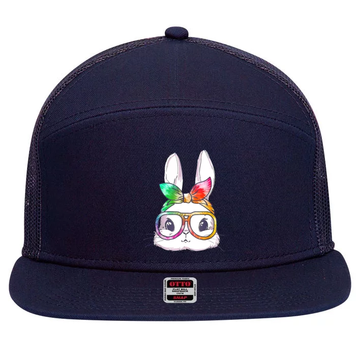 Tie Dye Cute Bunny Rabbit Face Glasses Happy Easter Day 7 Panel Mesh Trucker Snapback Hat