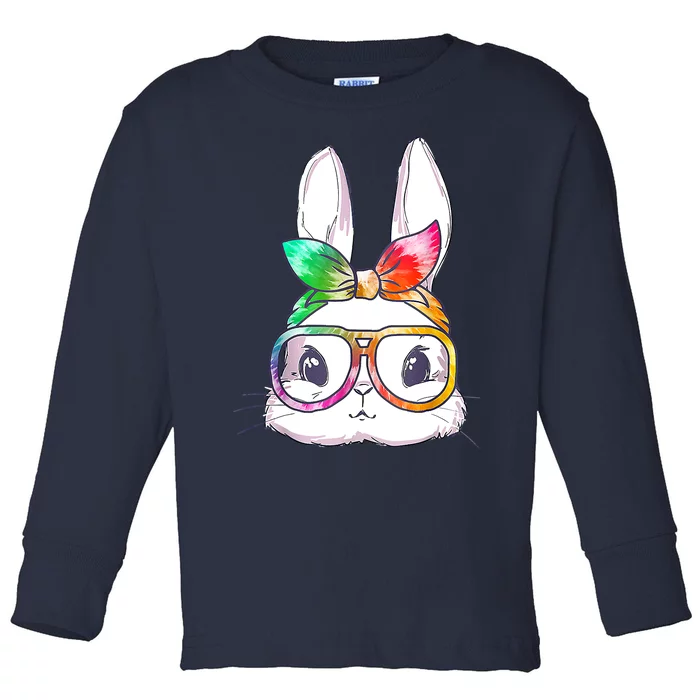 Tie Dye Cute Bunny Rabbit Face Glasses Happy Easter Day Toddler Long Sleeve Shirt