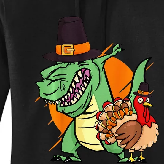 Thanksgiving Day Dabbing Dinosaur Cool Fall Turkey Women's Pullover Hoodie