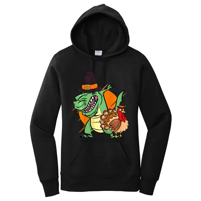 Thanksgiving Day Dabbing Dinosaur Cool Fall Turkey Women's Pullover Hoodie