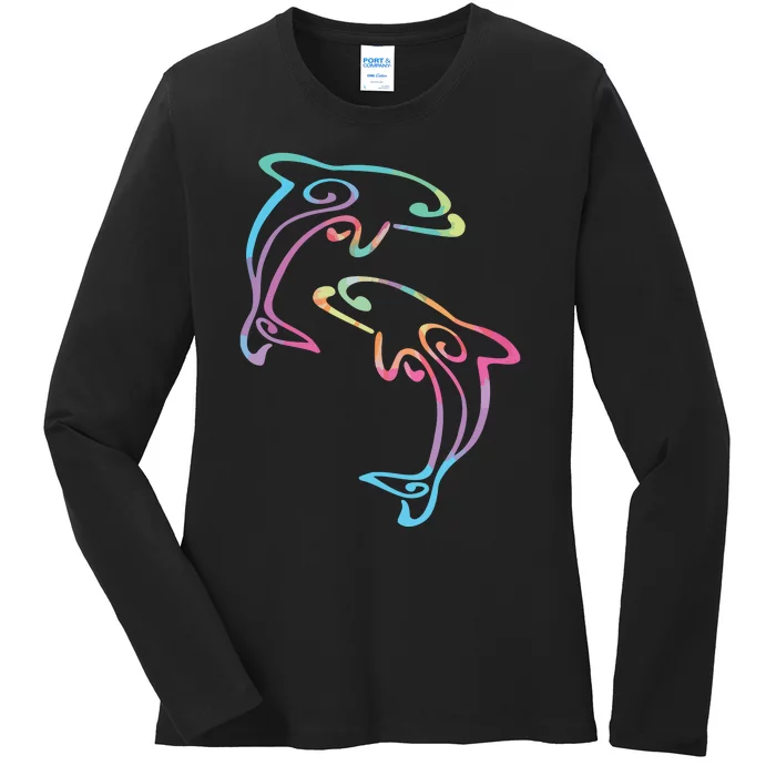 Tie Dye Dolphins Swimming Ladies Long Sleeve Shirt