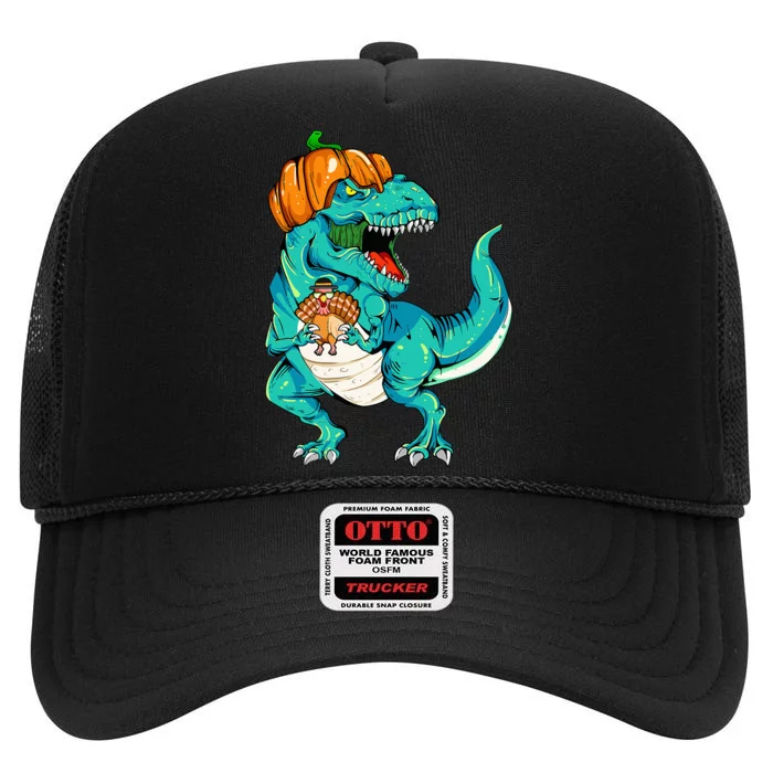 Thanksgiving Day Dinosaur Holding Turkey T Rex High Crown Mesh Trucker Hat