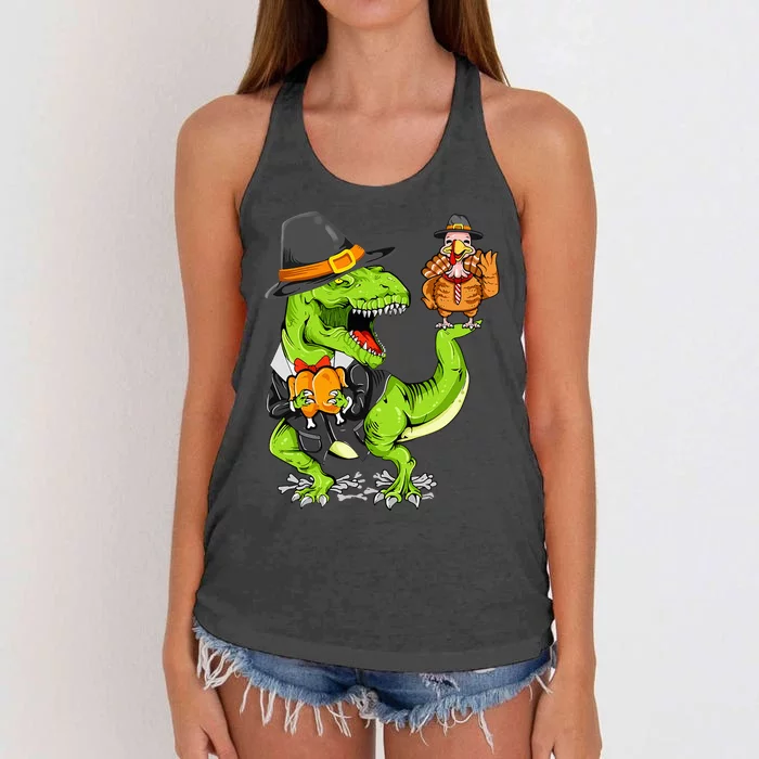 Thanksgiving Day Dinosaur T Rex Turkey Funny Women's Knotted Racerback Tank