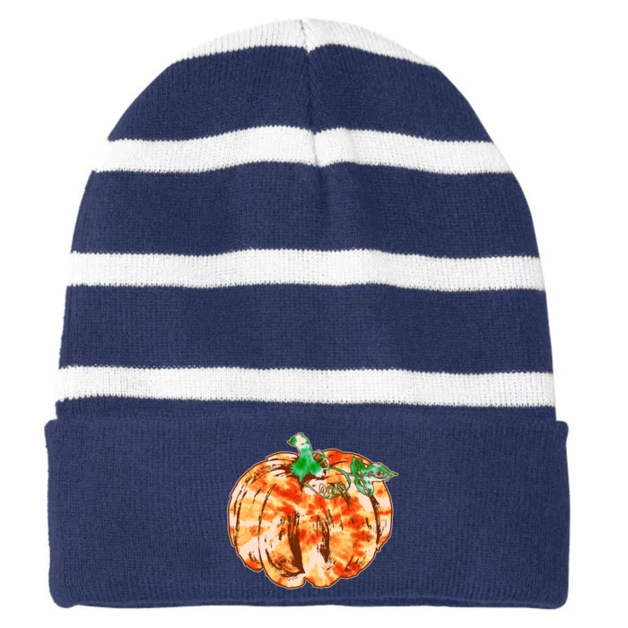 Tie Dye Fall Autumn Pumpkins Striped Beanie with Solid Band