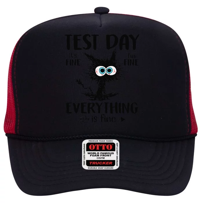 Test Day Funny Stressed Cat Teacher Student Testing Day Cute High Crown Mesh Trucker Hat