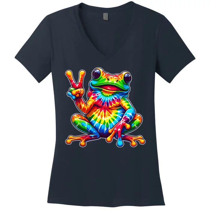 Tie Dye Frog Peace Sign Hippie Women's V-Neck T-Shirt