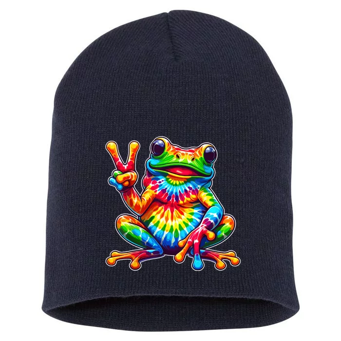 Tie Dye Frog Peace Sign Hippie Short Acrylic Beanie