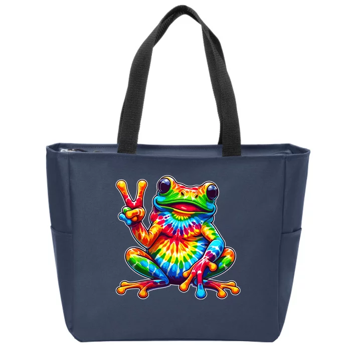 Tie Dye Frog Peace Sign Hippie Zip Tote Bag