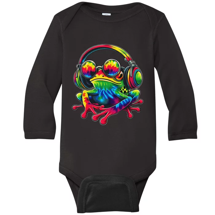 Tie Dye Frog Peace Sign Hippie Frog With Headphones Baby Long Sleeve Bodysuit