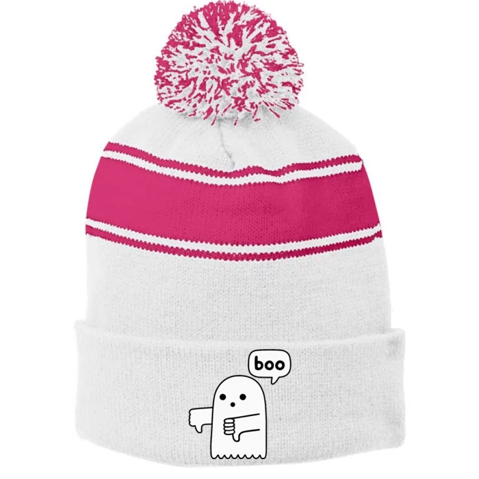 Thumbs Down Ghost Screaming Boo Disapproval Stripe Pom Pom Beanie