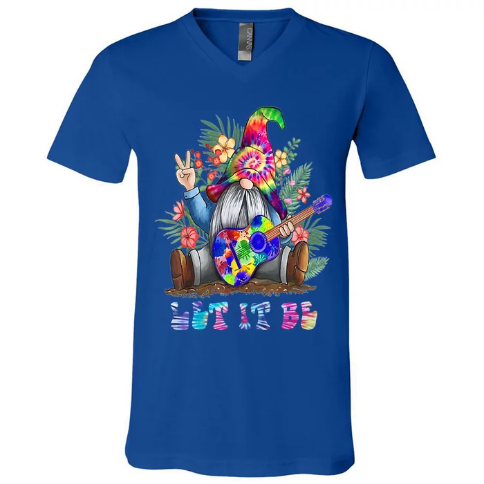 Tie Dye Gnome Peace Playing Guigifttar Hippie Gnome Colorful Gift V-Neck T-Shirt