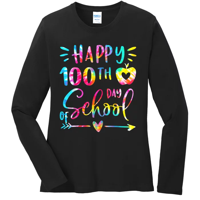 Tie Dye Happy 100th Day Of School Teacher Student 100 Days Ladies Long Sleeve Shirt