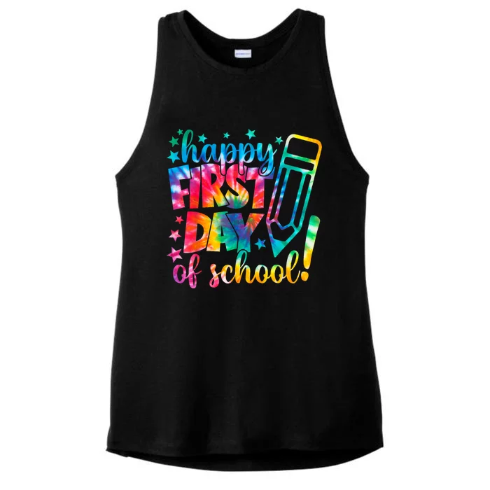 Tie Dye Happy First Day Of School Back To School Teacher Kids Ladies Tri-Blend Wicking Tank