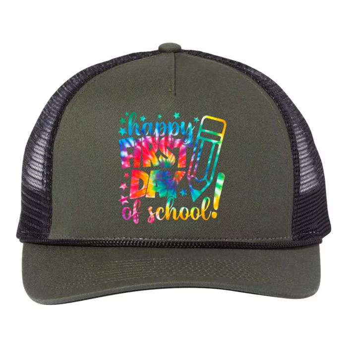 Tie Dye Happy First Day Of School Back To School Teacher Kids Retro Rope Trucker Hat Cap