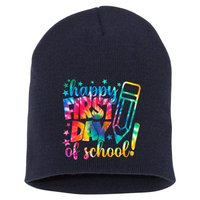 Tie Dye Happy First Day Of School Back To School Teacher Kids Short Acrylic Beanie