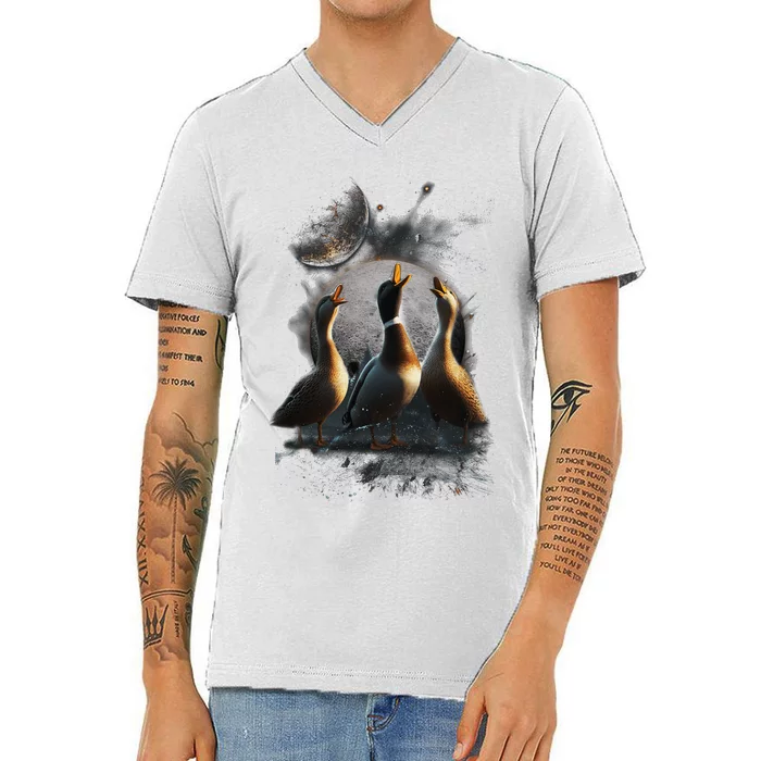 Three Ducks Howling At The Moon Funny Pet Parody Duck V-Neck T-Shirt