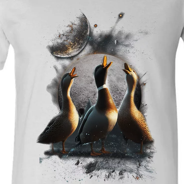 Three Ducks Howling At The Moon Funny Pet Parody Duck V-Neck T-Shirt