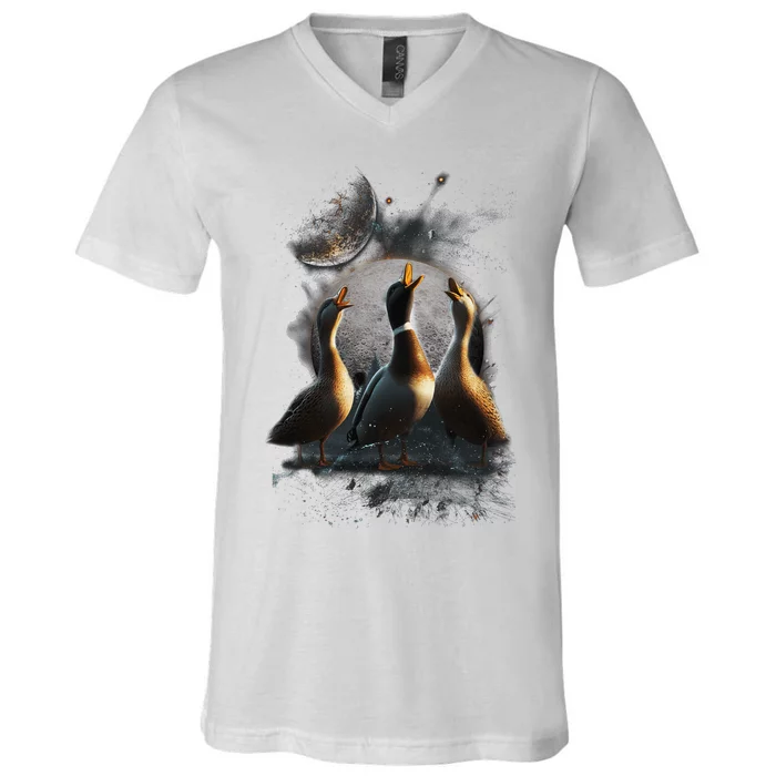 Three Ducks Howling At The Moon Funny Pet Parody Duck V-Neck T-Shirt