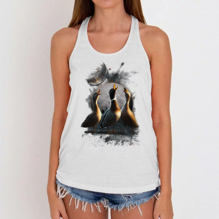 Three Ducks Howling At The Moon Funny Pet Parody Duck Women's Knotted Racerback Tank