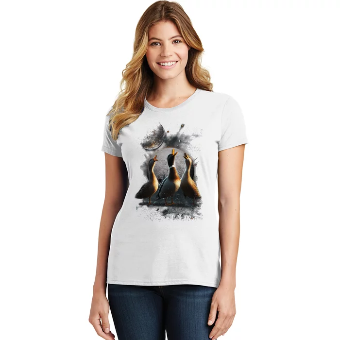 Three Ducks Howling At The Moon Funny Pet Parody Duck Women's T-Shirt