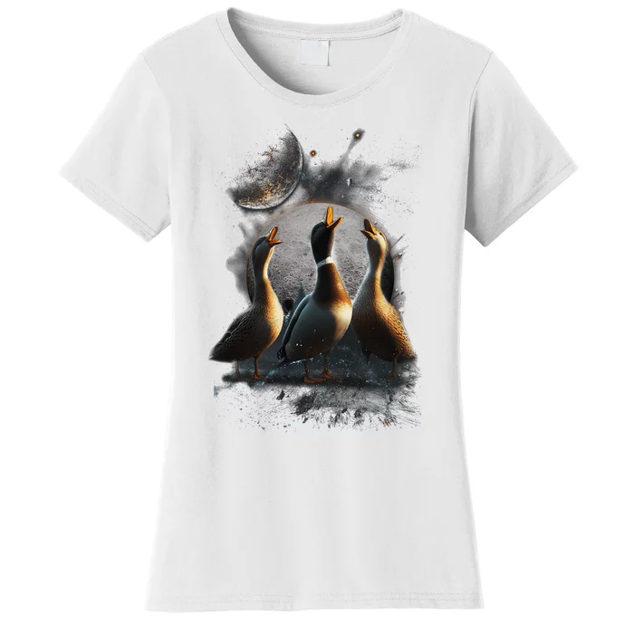 Three Ducks Howling At The Moon Funny Pet Parody Duck Women's T-Shirt