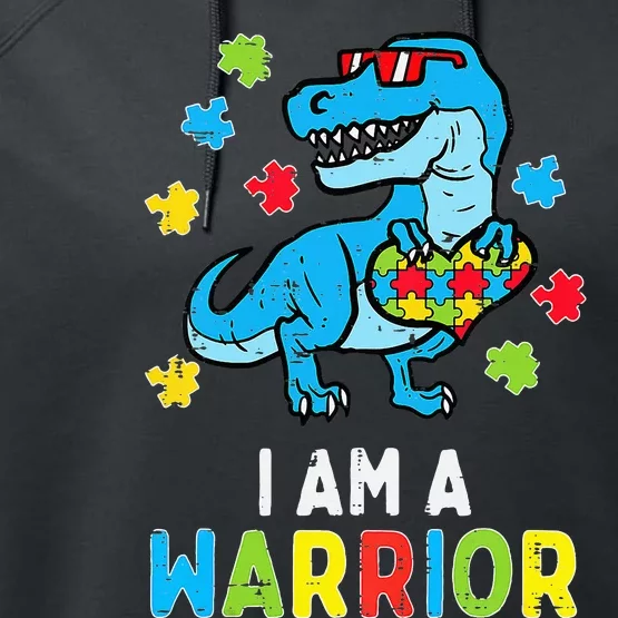 Trex Dino I Am A Warrior Autism Awareness Performance Fleece Hoodie