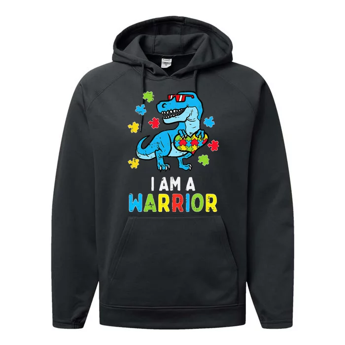 Trex Dino I Am A Warrior Autism Awareness Performance Fleece Hoodie