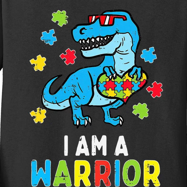 Trex Dino I Am A Warrior Autism Awareness Kids Long Sleeve Shirt