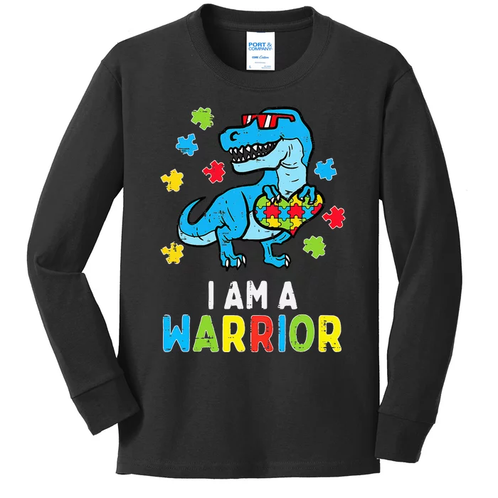 Trex Dino I Am A Warrior Autism Awareness Kids Long Sleeve Shirt