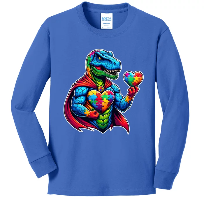 Trex Dino I Am A Warrior Autism Awareness Gift Kids Long Sleeve Shirt