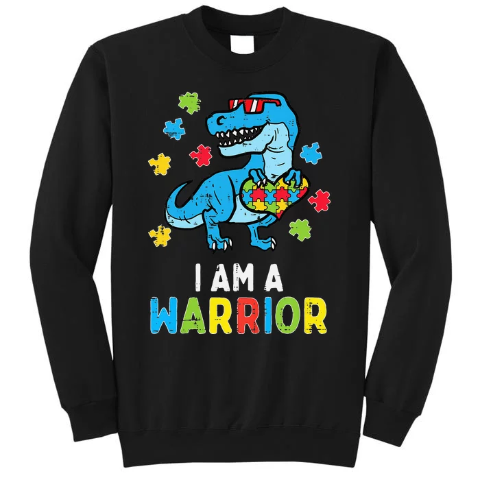 Trex Dino I Am A Warrior Autism Awareness Tall Sweatshirt