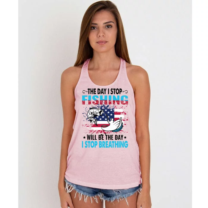 The Day I Stop Fishing Will Be The Day I Stop Breathing Women's Knotted Racerback Tank