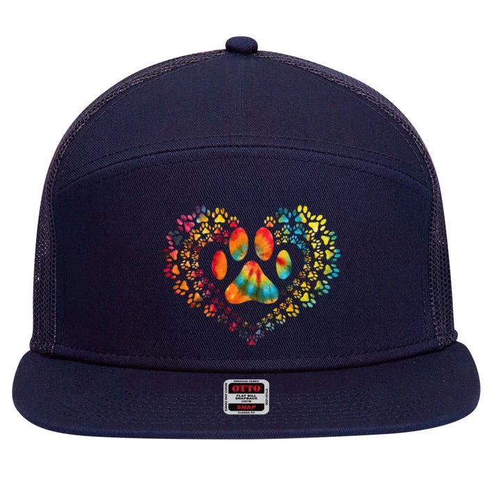 Tie Dye Love Dog Paw Print Heart Animal Lover 7 Panel Mesh Trucker Snapback Hat