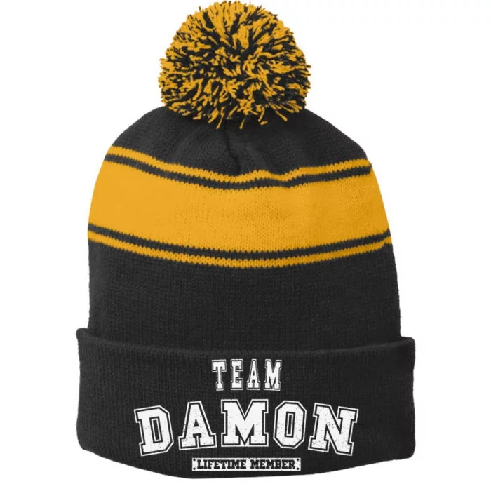 Team DAMON Lifetime Member Family Last Name Stripe Pom Pom Beanie