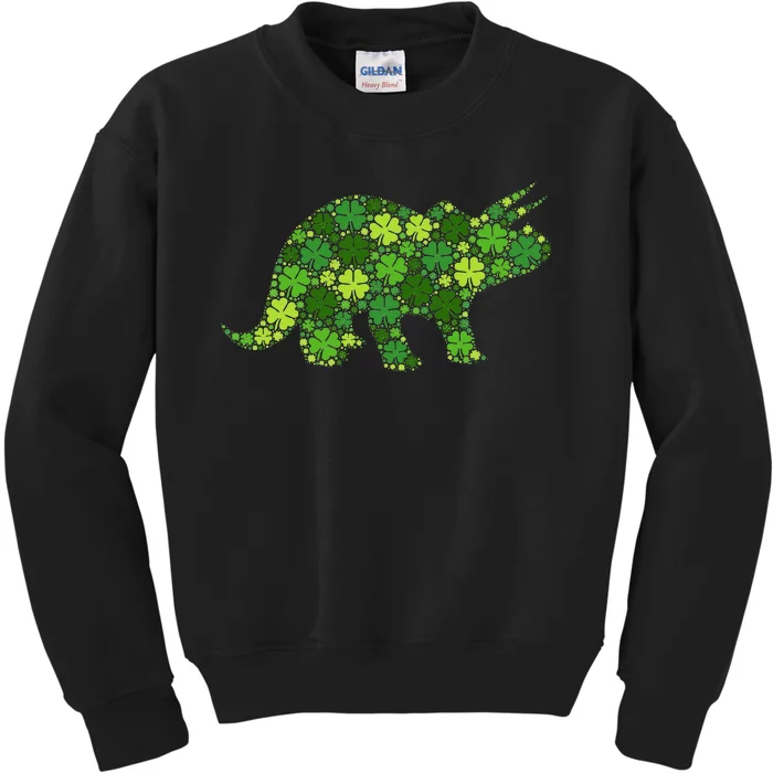 Triceratops Dinosaur Lucky Shamrock Clover St Patricks Day Kids Sweatshirt