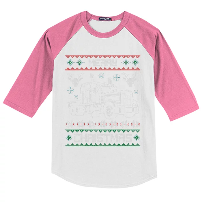 Truck Driver Merry Christmas Ugly Sweater Gift Kids Colorblock Raglan Jersey