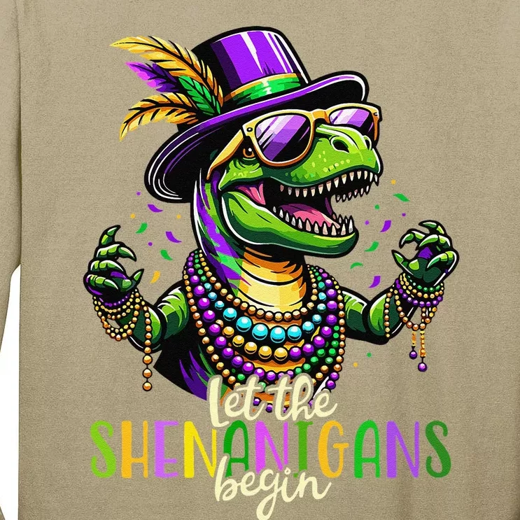 Trex Dinosaur Mardi Gras Costume Let The Shenanigans Begin Tall Long Sleeve T-Shirt