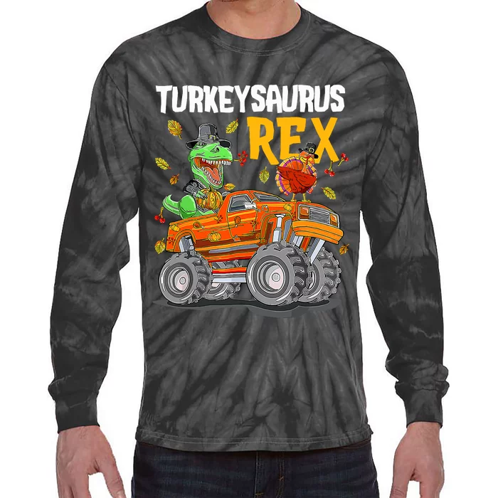 Turkey Dino Monster Truck Thanksgiving Turkeysaurus Rex Tie-Dye Long Sleeve Shirt