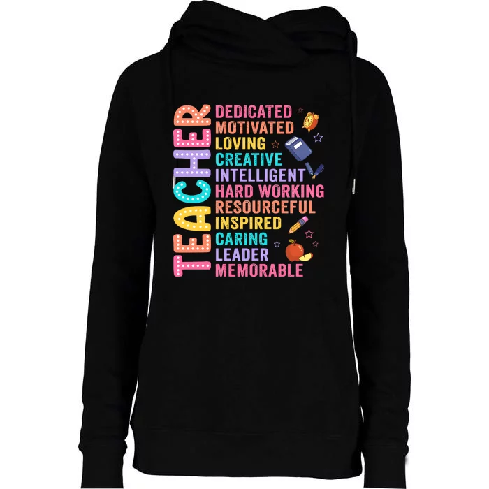 Teacher Dedicated Motivated Loving Creative Back To School Womens Funnel Neck Pullover Hood