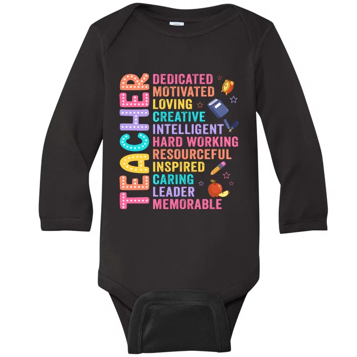 Teacher Dedicated Motivated Loving Creative Back To School Baby Long Sleeve Bodysuit