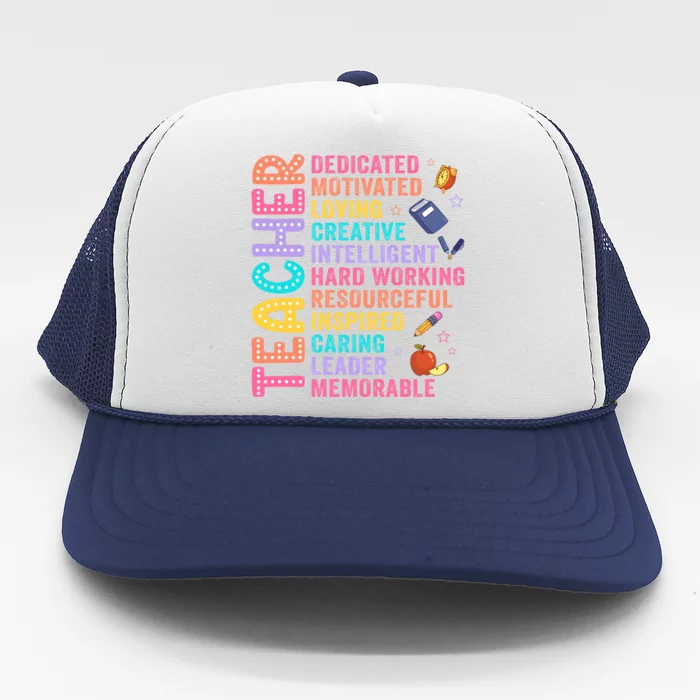 Teacher Dedicated Motivated Loving Creative Back To School Trucker Hat