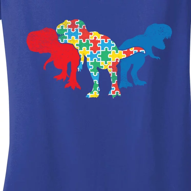 Trex Dinosaurs Puzzle Dino Autism Awareness Asl Funny Gift Women's V-Neck T-Shirt