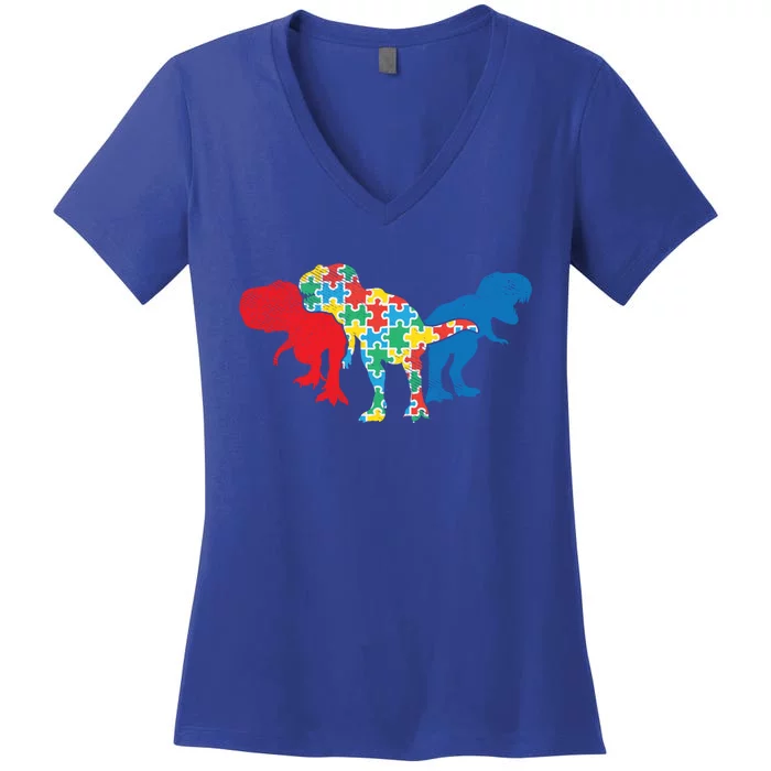 Trex Dinosaurs Puzzle Dino Autism Awareness Asl Funny Gift Women's V-Neck T-Shirt