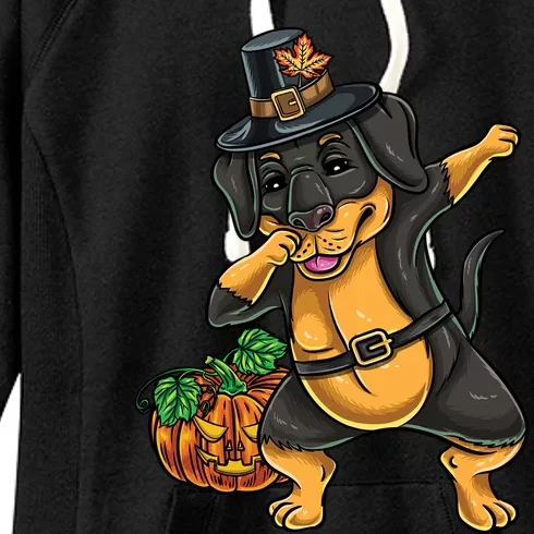 Thanksgiving Dabbing Pilgrim Rottweiler Gift Women's Fleece Hoodie