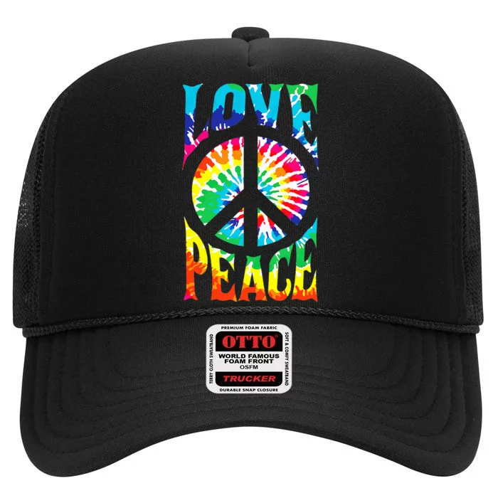 Tie Dye Peace Sign Love 60s 70s Hippie Mom High Crown Mesh Trucker Hat