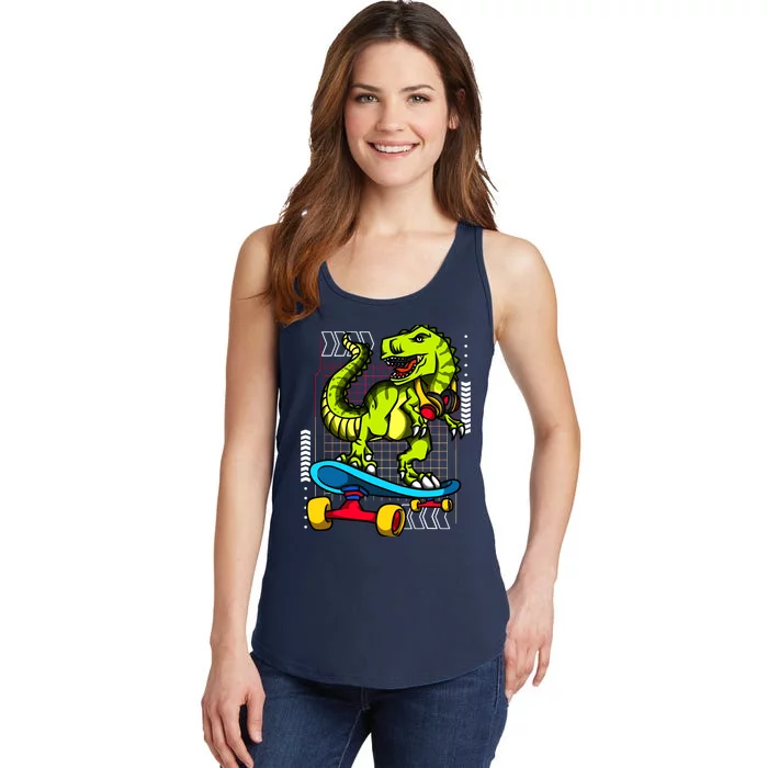 Trex Dinosaur Riding On A Skateboard Funny Tyrannosaurus Ladies Essential Tank