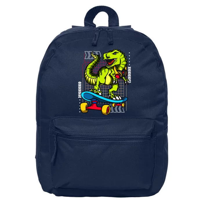 Trex Dinosaur Riding On A Skateboard Funny Tyrannosaurus 16 in Basic Backpack