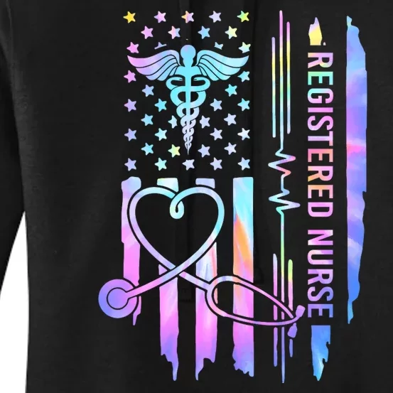 Tie Dye Registered Nurse Rn Ekg Stethoscope Nursing Usa Flag Women's Pullover Hoodie