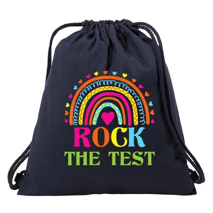 Test Day Rock The Test Teacher Testing Day Rainbow Teacher Funny Drawstring Bag